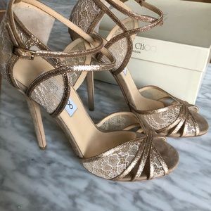 Jimmy Choo nude lace and rose gold heels